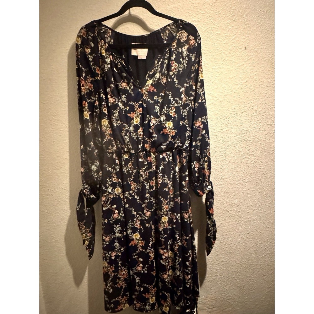 Gal Meets Glam Floral Navy Chiffon Knee Length Dress V-Neck Tie Sleeve Size 10